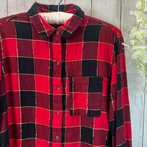 Style & Co Long Sleeve Collared Sequin Gold Button Up Plaid Shirt Size Small - Picture 4 of 12